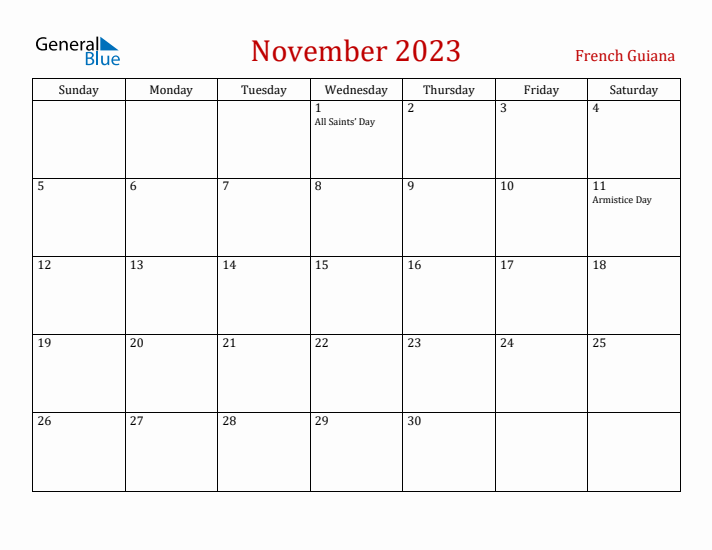 French Guiana November 2023 Calendar - Sunday Start