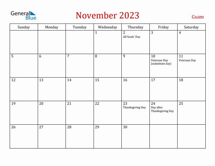 Guam November 2023 Calendar - Sunday Start
