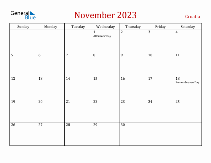 Croatia November 2023 Calendar - Sunday Start
