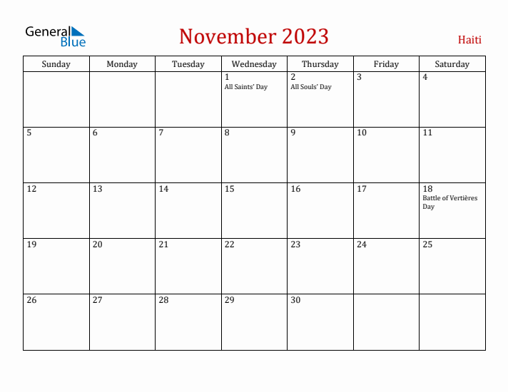 Haiti November 2023 Calendar - Sunday Start