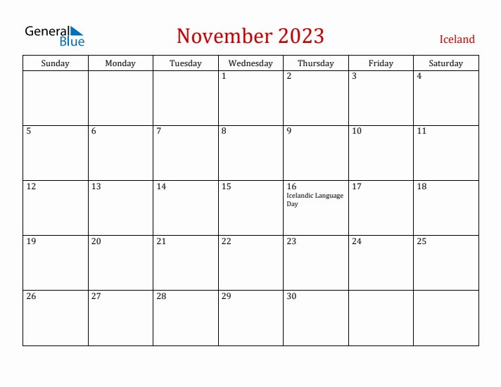 Iceland November 2023 Calendar - Sunday Start
