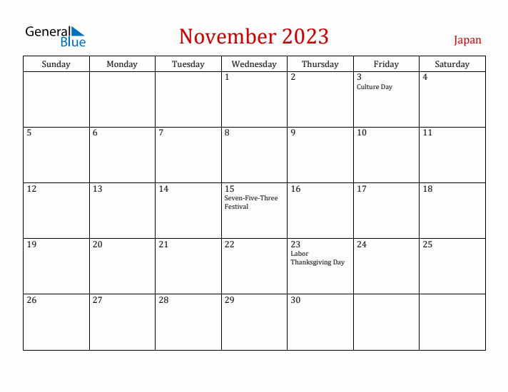 Japan November 2023 Calendar - Sunday Start