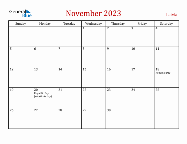 Latvia November 2023 Calendar - Sunday Start