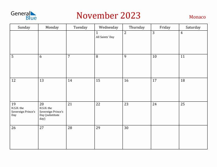 Monaco November 2023 Calendar - Sunday Start