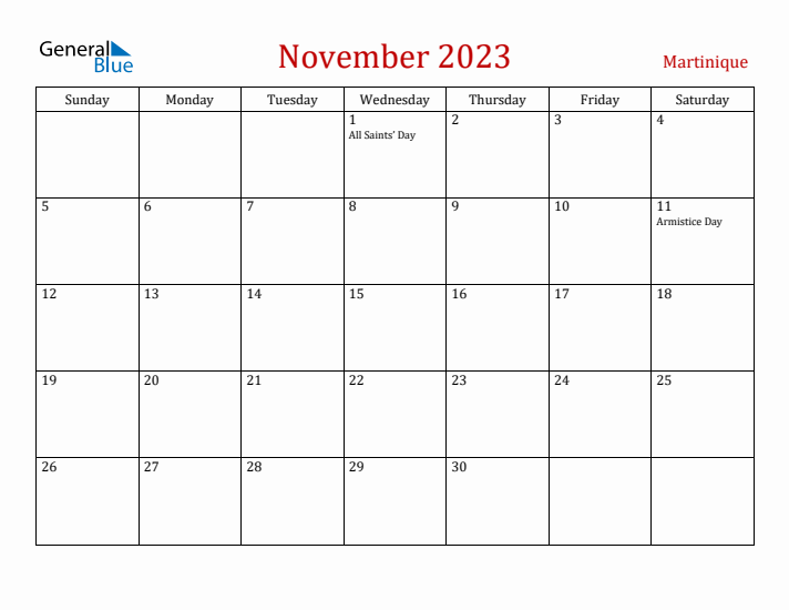 Martinique November 2023 Calendar - Sunday Start
