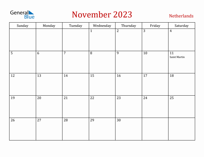 The Netherlands November 2023 Calendar - Sunday Start