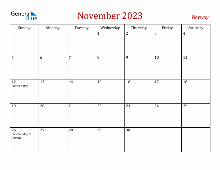 Norway November 2023 Calendar - Sunday Start
