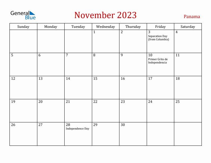 Panama November 2023 Calendar - Sunday Start