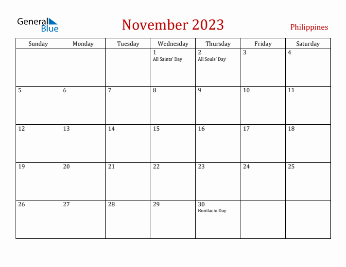 Philippines November 2023 Calendar - Sunday Start