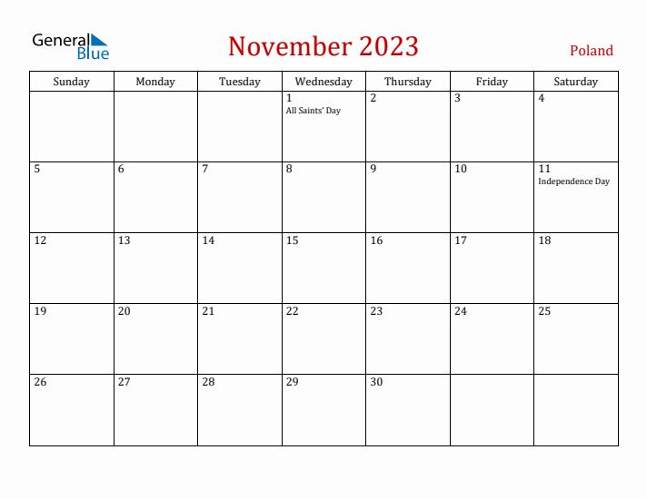 Poland November 2023 Calendar - Sunday Start