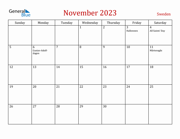 Sweden November 2023 Calendar - Sunday Start