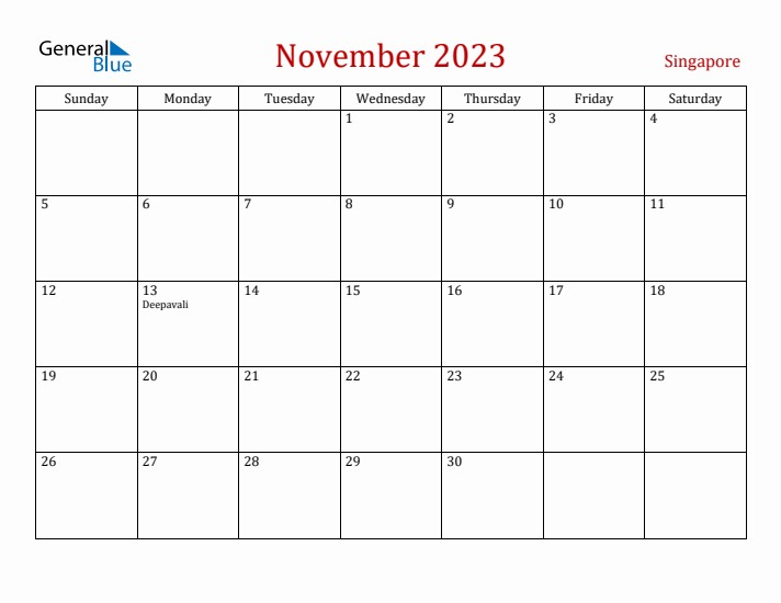 Singapore November 2023 Calendar - Sunday Start
