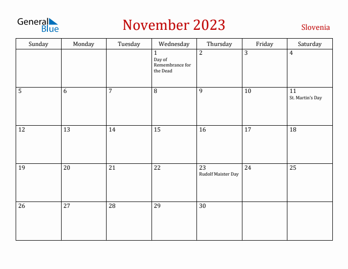 Slovenia November 2023 Calendar - Sunday Start