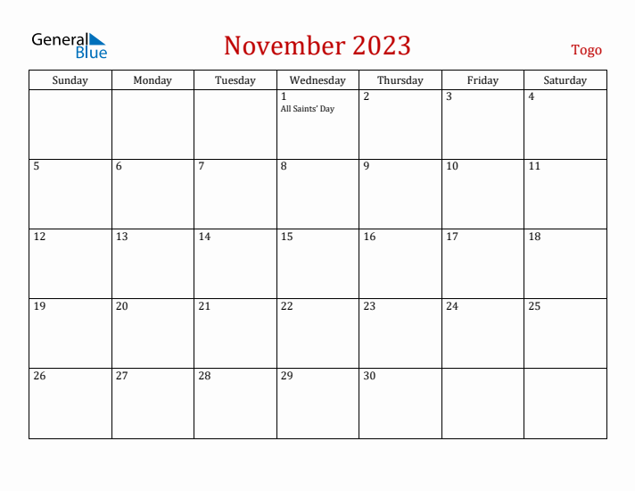 Togo November 2023 Calendar - Sunday Start