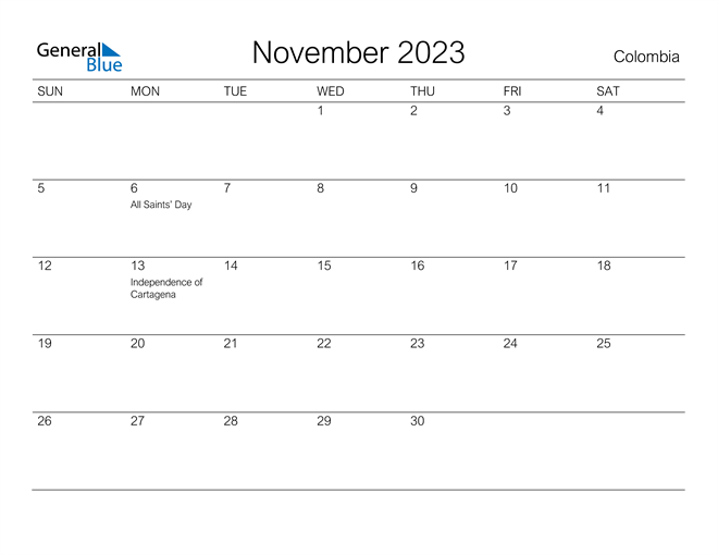 Printable November 2023 Calendar for Colombia