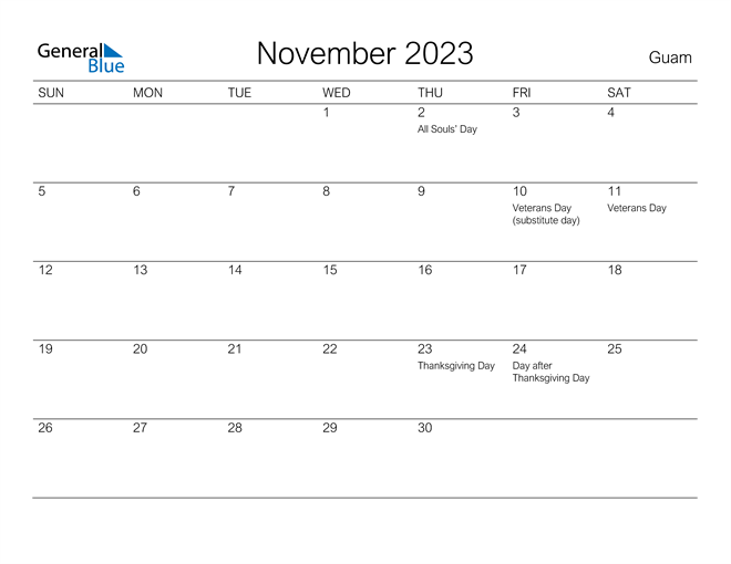 Guam November 2023 Calendar With Holidays