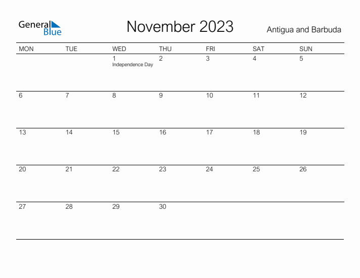 Printable November 2023 Calendar for Antigua and Barbuda