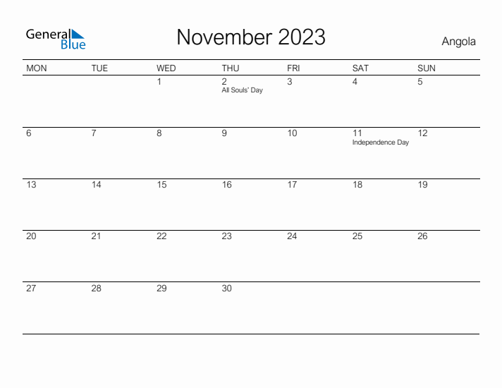 Printable November 2023 Calendar for Angola