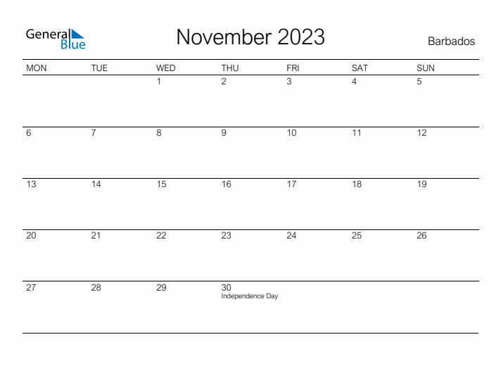 Printable November 2023 Calendar for Barbados
