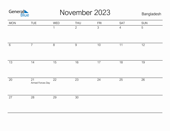 Printable November 2023 Calendar for Bangladesh