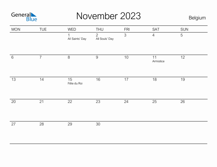 Printable November 2023 Calendar for Belgium