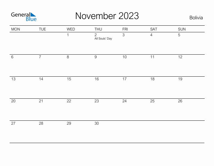 Printable November 2023 Calendar for Bolivia