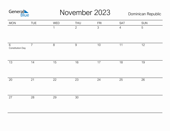 Printable November 2023 Calendar for Dominican Republic