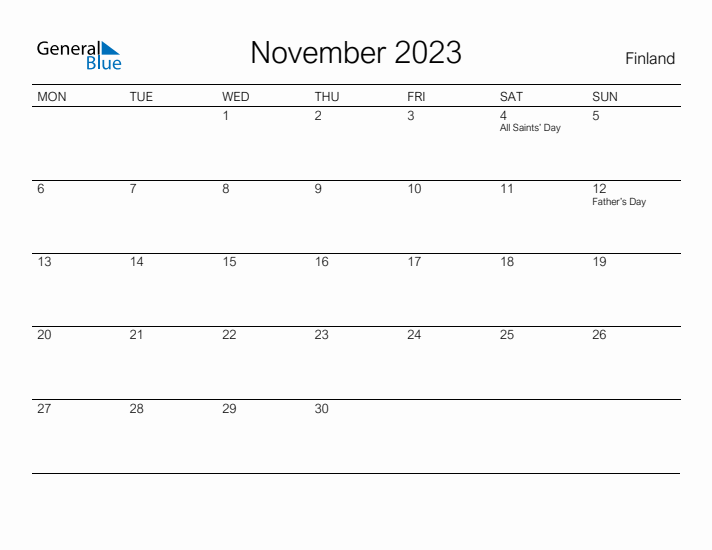 Printable November 2023 Calendar for Finland