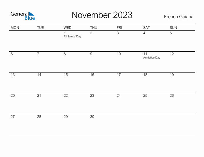 Printable November 2023 Calendar for French Guiana