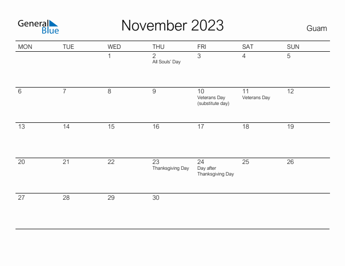 Printable November 2023 Calendar for Guam