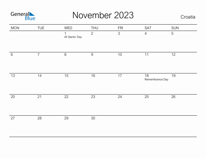 Printable November 2023 Calendar for Croatia
