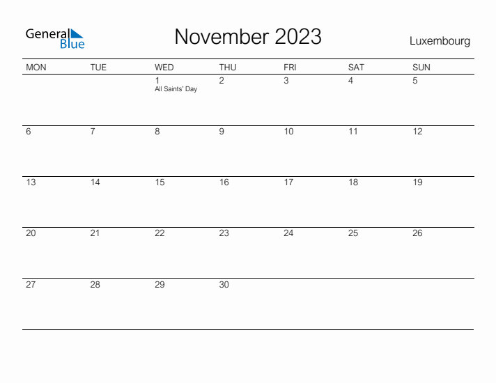 Printable November 2023 Calendar for Luxembourg