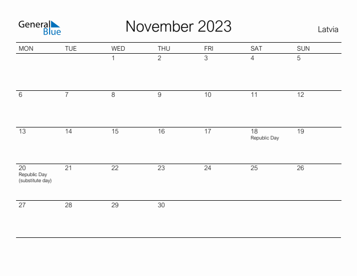 Printable November 2023 Calendar for Latvia