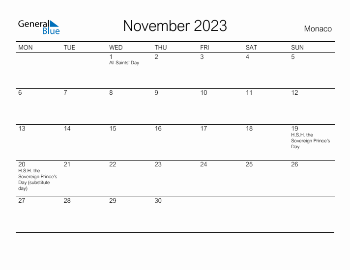 Printable November 2023 Calendar for Monaco