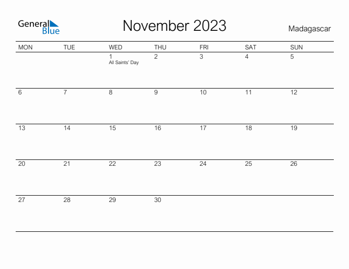 Printable November 2023 Calendar for Madagascar