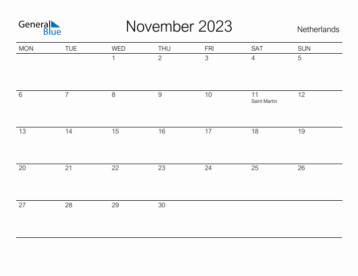 Printable November 2023 Calendar for The Netherlands