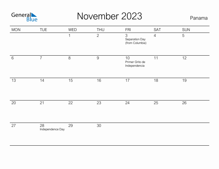 Printable November 2023 Calendar for Panama