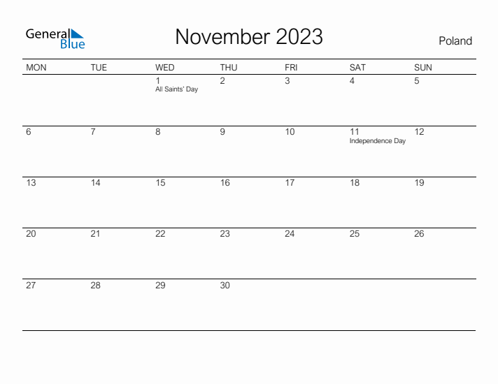 Printable November 2023 Calendar for Poland