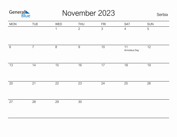 Printable November 2023 Calendar for Serbia