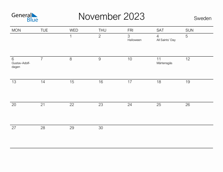 Printable November 2023 Calendar for Sweden