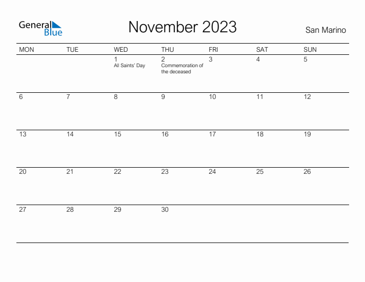 Printable November 2023 Calendar for San Marino