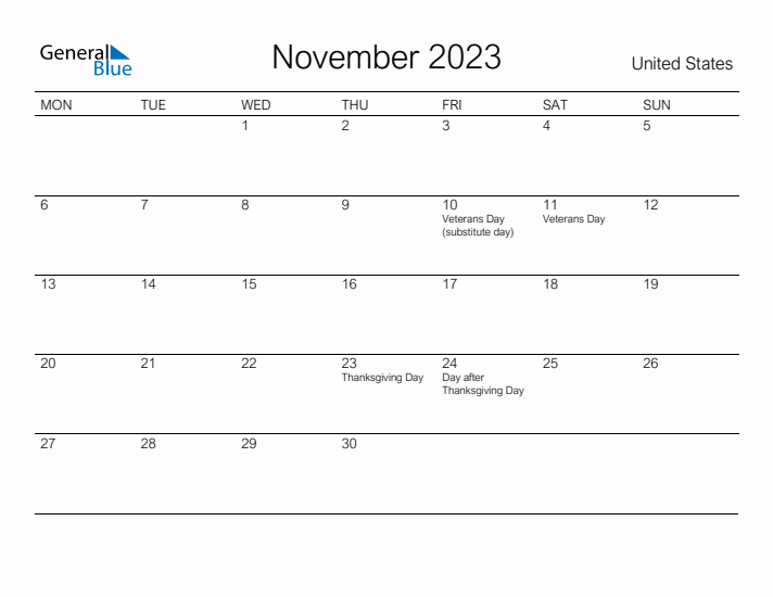 Printable November 2023 Calendar for United States