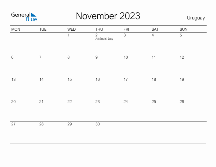 Printable November 2023 Calendar for Uruguay