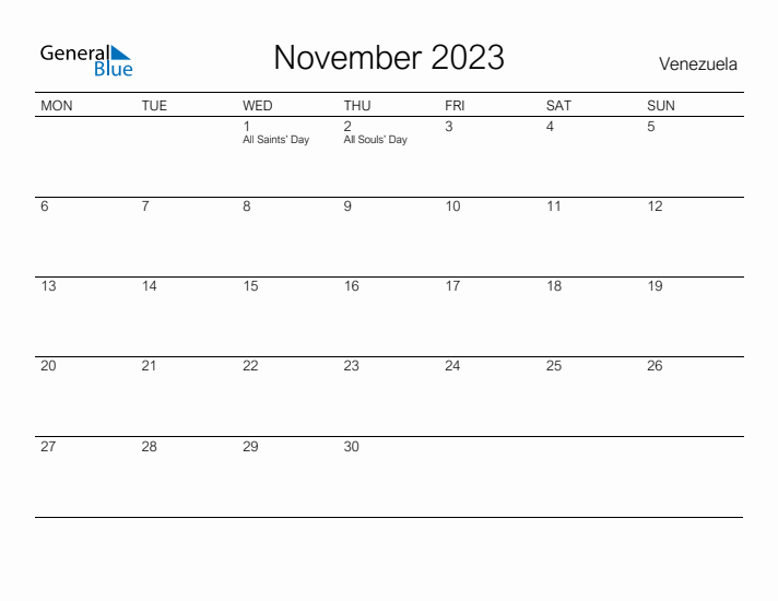 Printable November 2023 Calendar for Venezuela