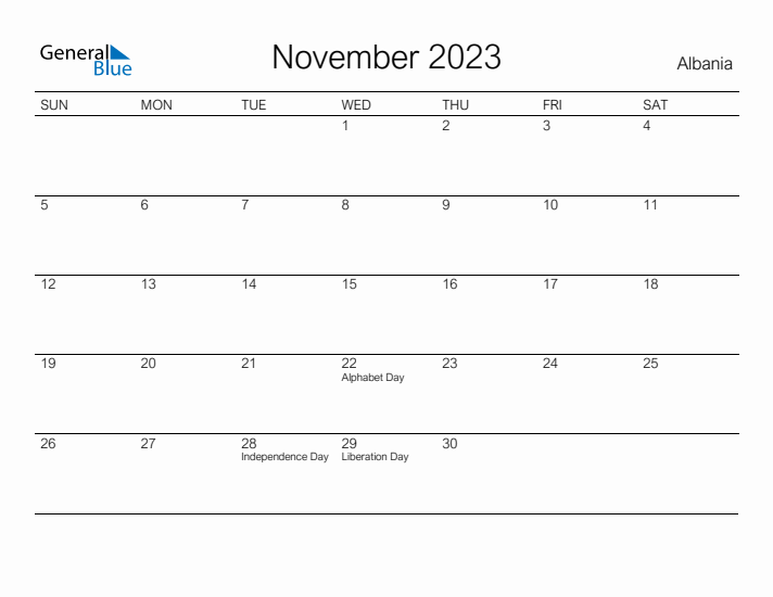 Printable November 2023 Calendar for Albania
