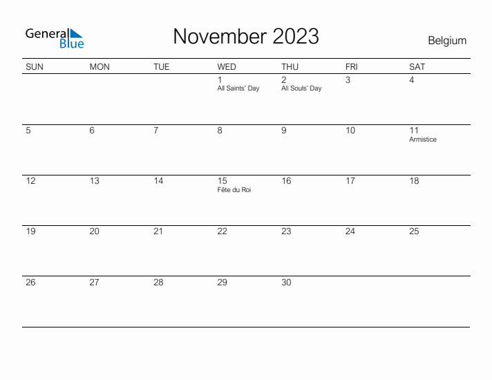 Printable November 2023 Calendar for Belgium