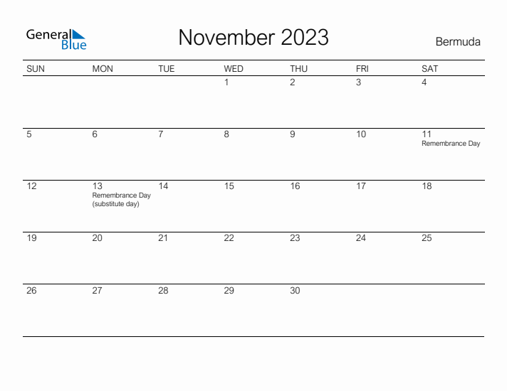 Printable November 2023 Calendar for Bermuda