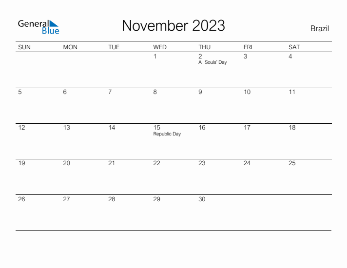 Printable November 2023 Calendar for Brazil