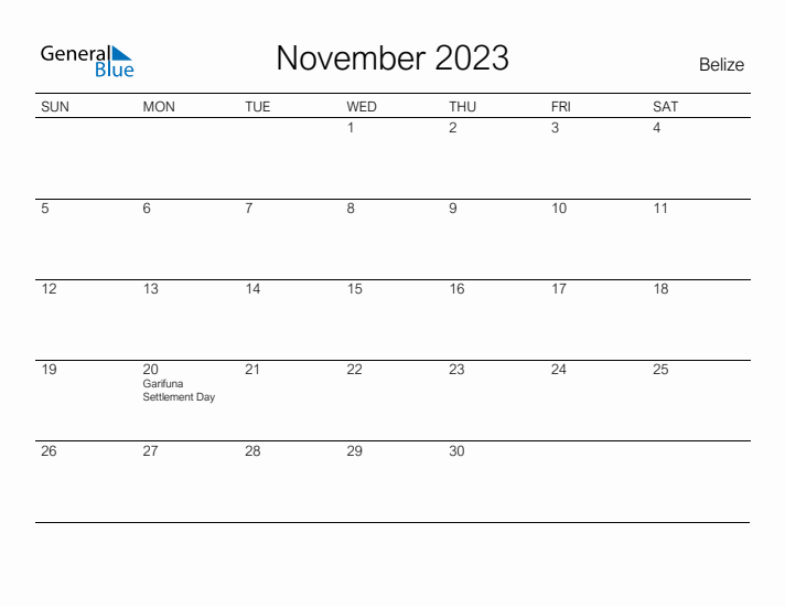Printable November 2023 Calendar for Belize