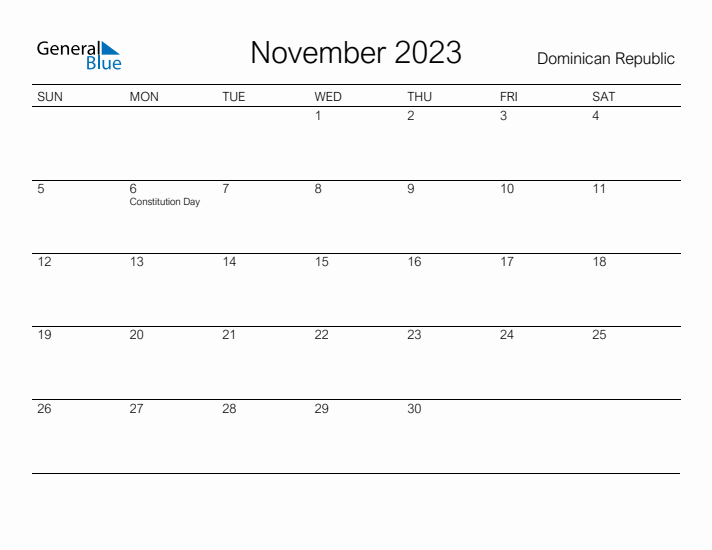 Printable November 2023 Calendar for Dominican Republic